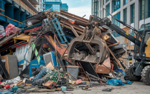 construction site with a large pile of junk.